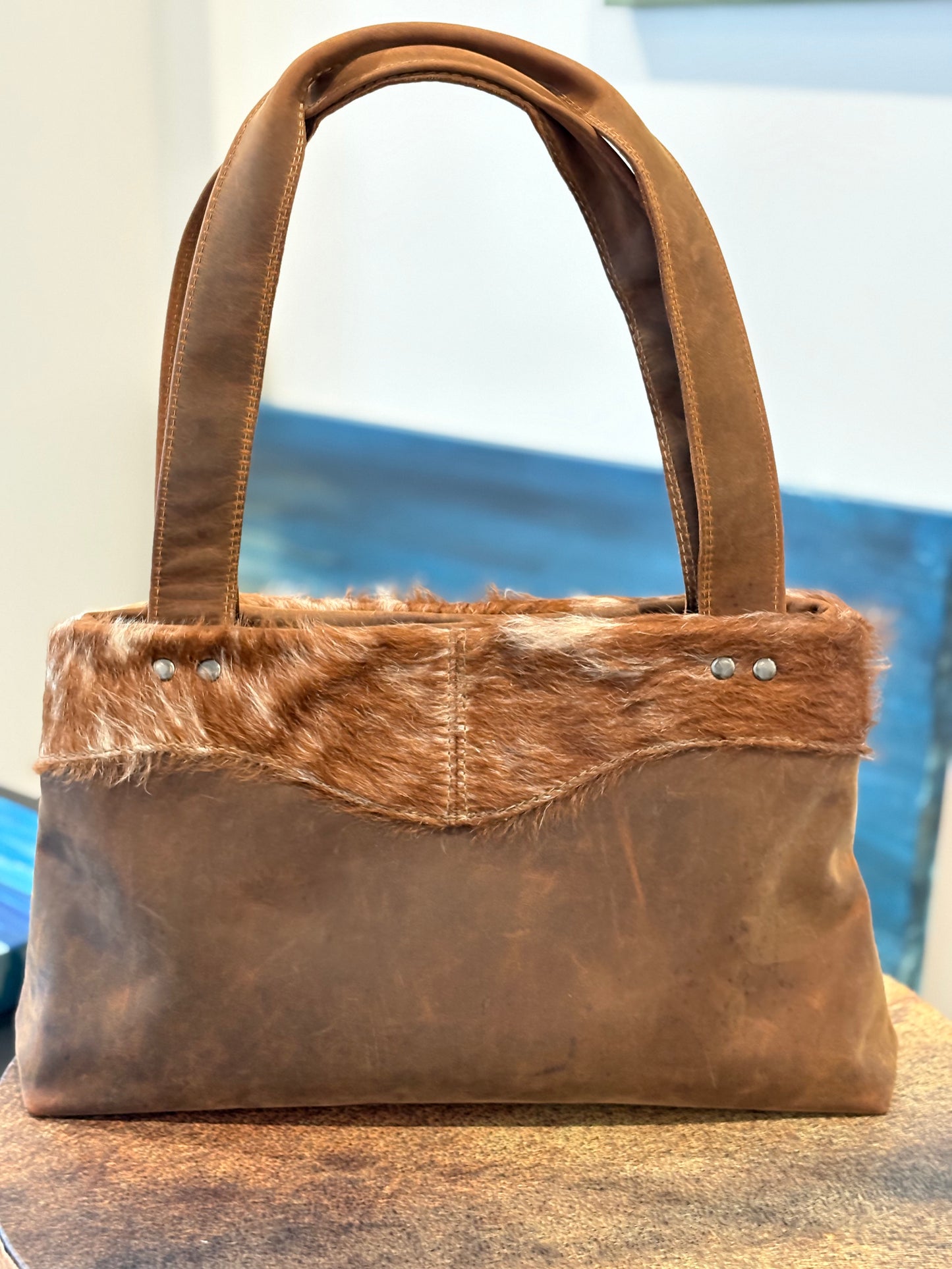 Leather Shoulder Bag with Hair on Hide Accent